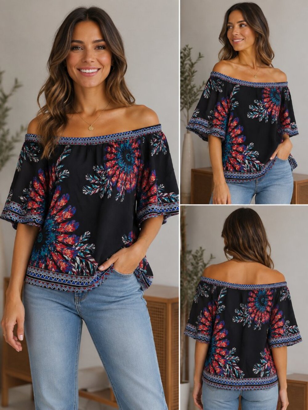 Flying Tomato Boho Peasant Blouse M Black Floral Off Shoulder Bell Sleeve